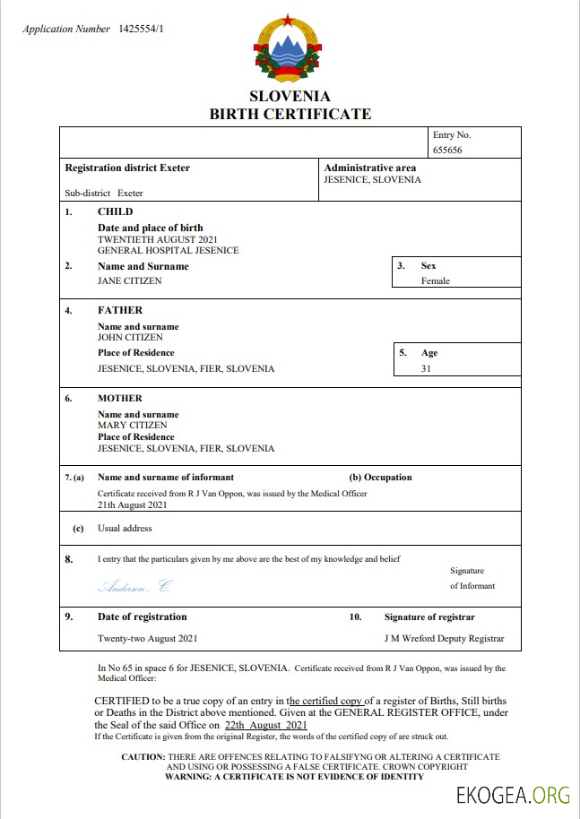 Modèle Word et PDF d'acte de naissance en Slovénie